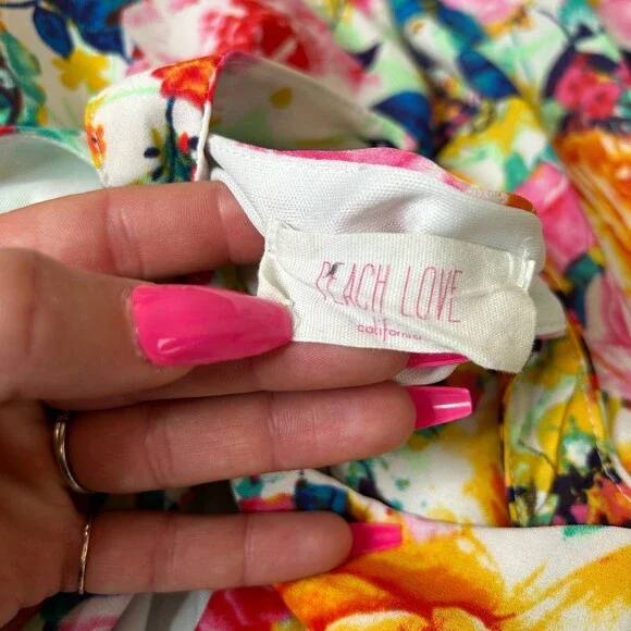 Peach Love dress floral print halter neck short open V back & front SZ MD summer - Picture 8 of 9